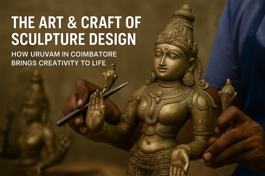 “Skilled artisan crafting a detailed bronze sculpture of a Hindu deity at Uruvam workshop in Ganapathy, Coimbatore – showcasing the art and craft of sculpture design.”
